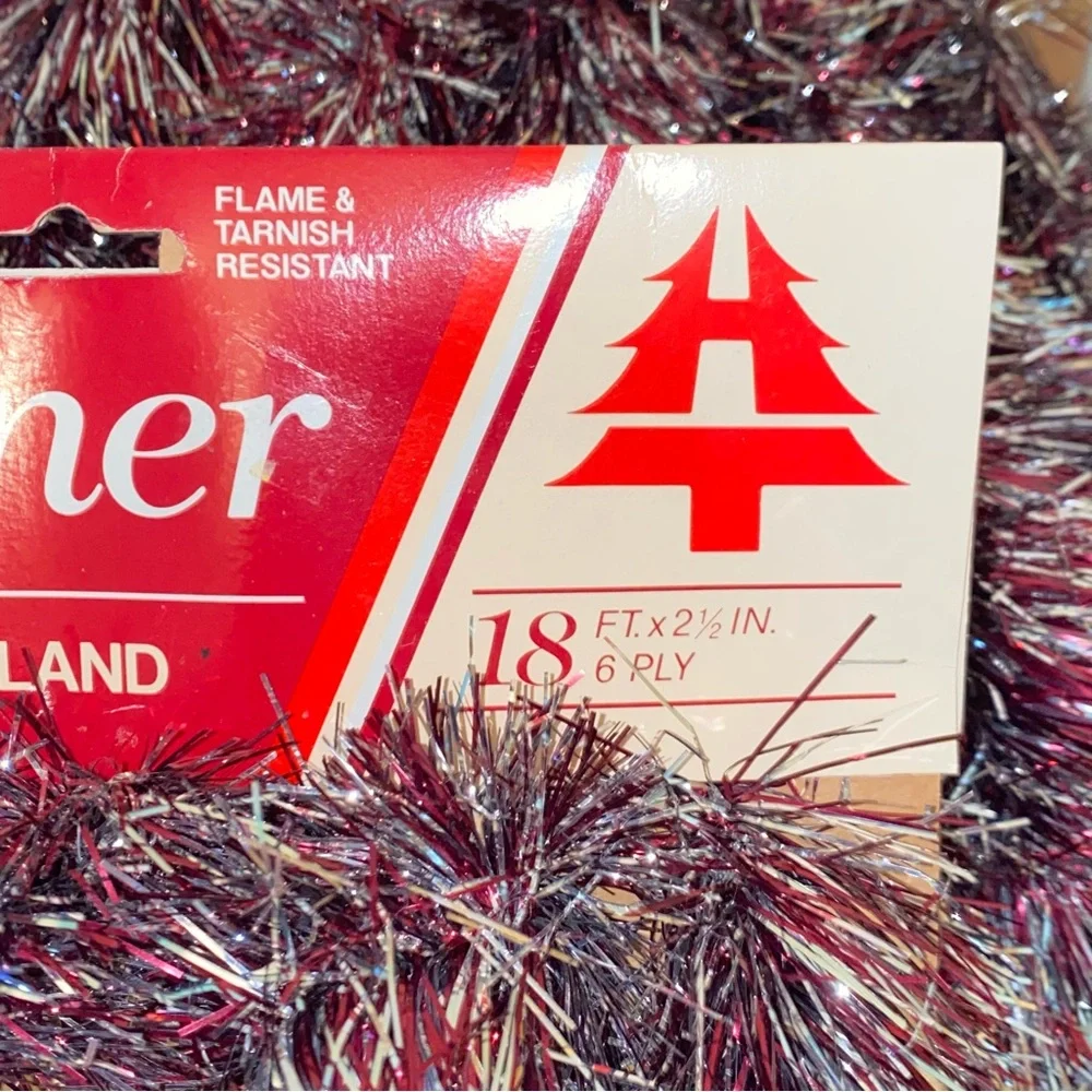 Vintage Set of 2 Burgundy & Silver Holiday Trims 6 Ply Plush 18ft Tinsel Garland